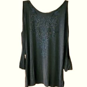 Cowgirls & Diamonds Womans Grey‎ Rhinestone Cross Lace Fringe Shirt Size Large